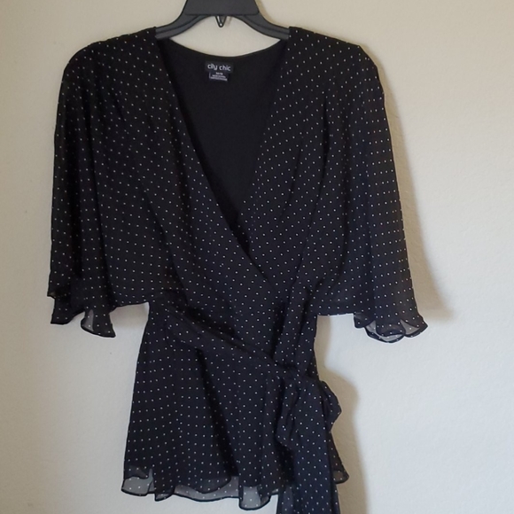 City Chic Tops - City Chic Faux wrap polka dot blouse